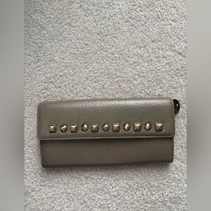 Stuart Weitzman Studded Leather Wallet Taupe Gold Envelope Clutch